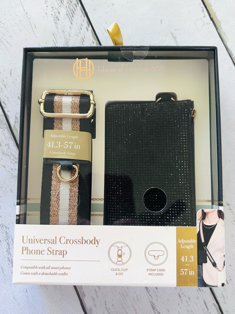Black & Gold Universal Crossbody Phone Strap & Wallet - House of Harlow 1960